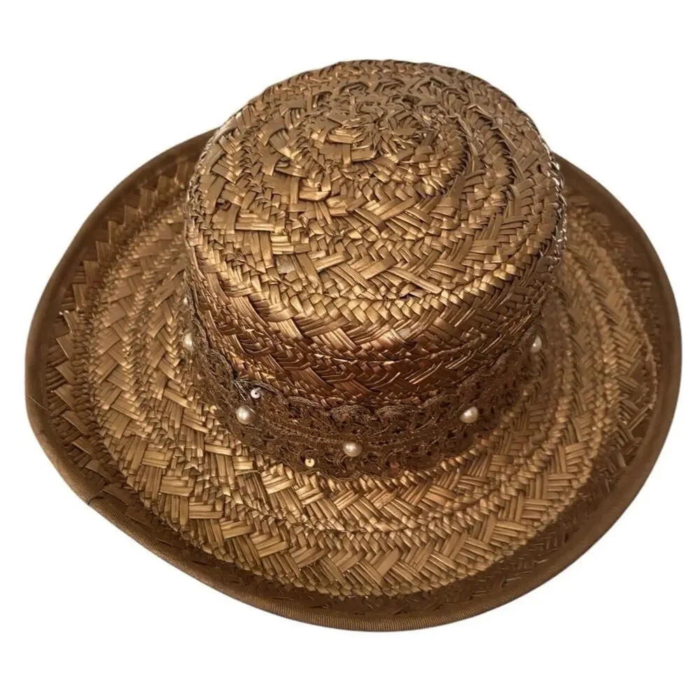 Eric Javits Hat Gold Bronze Straw Boat Beach Statement Spring Pearl Accent - Picture 3 of 9